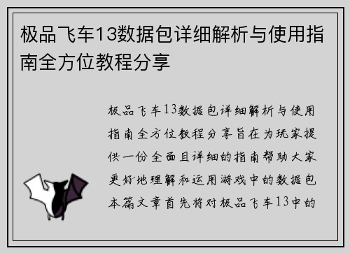 极品飞车13数据包详细解析与使用指南全方位教程分享