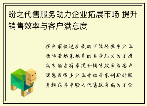 盼之代售服务助力企业拓展市场 提升销售效率与客户满意度